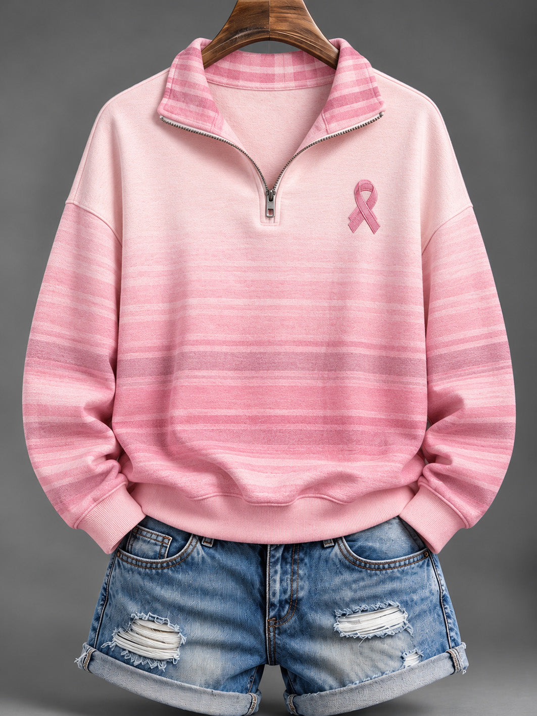 Kvinder Pink Charity Ribbon mønster Stribet farve-blokket Design Casual Half-Zip sweatshirt