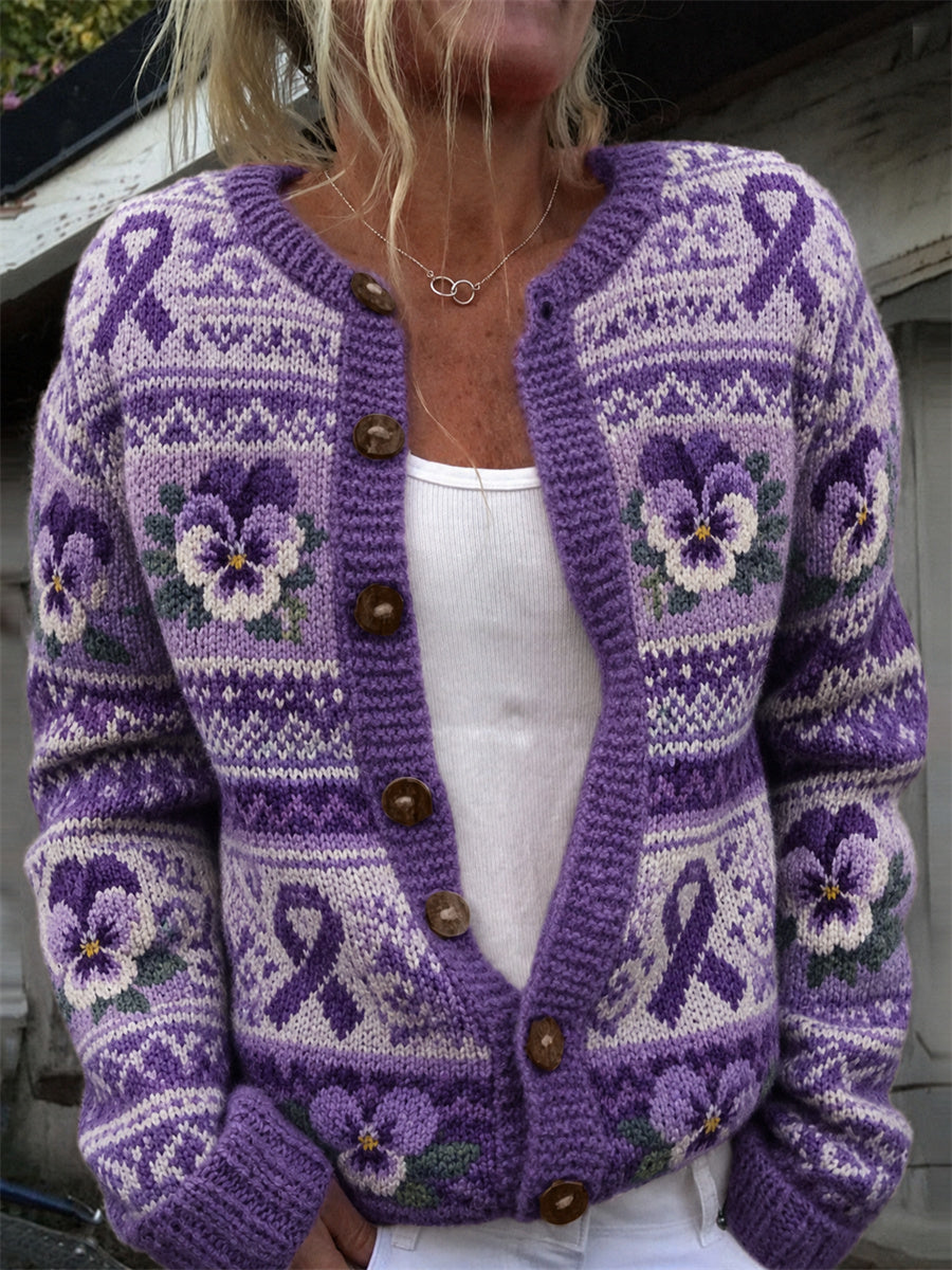 Kvinders Vintage Lilla Ribbon & Pansy Blomster Isle Mønster Print Cardigan