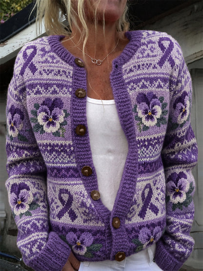 Kvinders Vintage Lilla Ribbon & Pansy Blomster Isle Mønster Print Cardigan