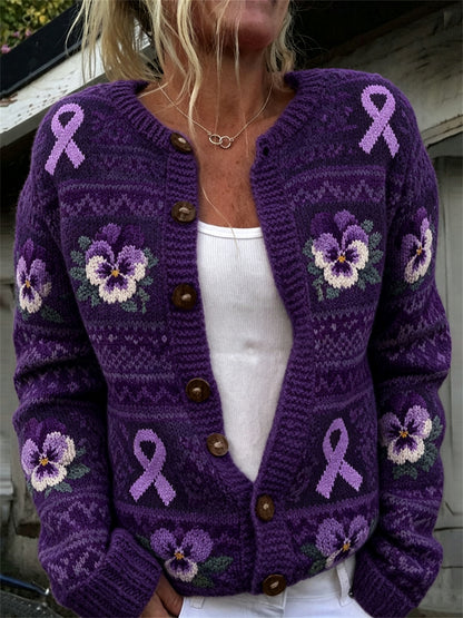 Kvinders Vintage Lilla Ribbon & Pansy Blomster Isle Mønster Print Cardigan