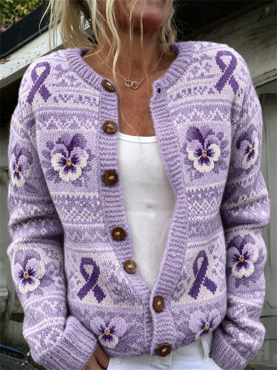 Kvinders Vintage Lilla Ribbon & Pansy Blomster Isle Mønster Print Cardigan