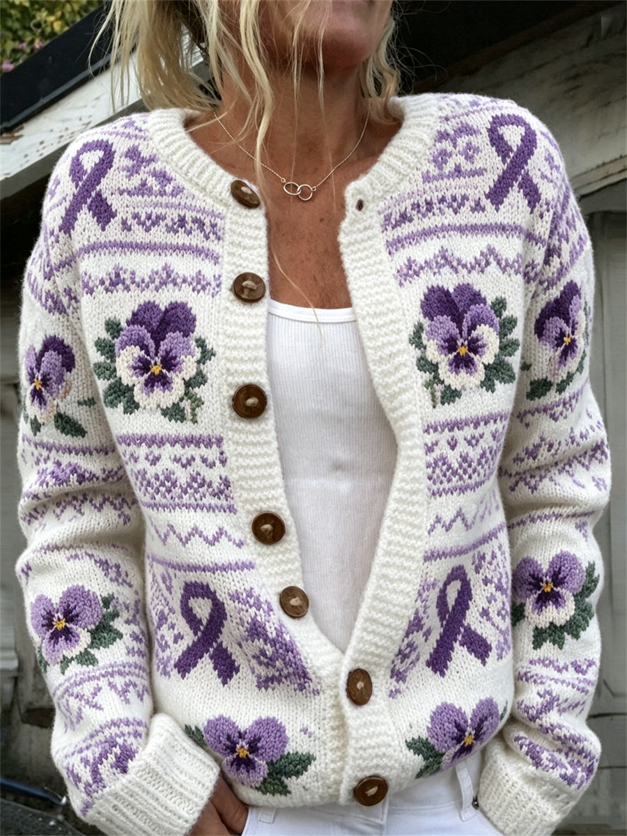 Kvinders Vintage Lilla Ribbon & Pansy Blomster Isle Mønster Print Cardigan