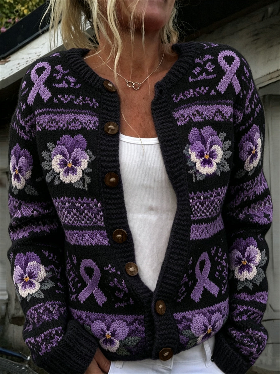 Kvinders Vintage Lilla Ribbon & Pansy Blomster Isle Mønster Print Cardigan