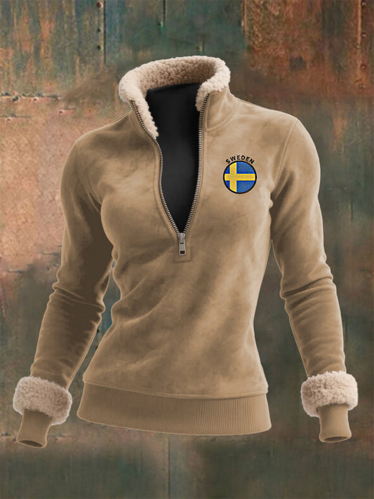 Kvinnor svensk flagga tryck långärmade lamm hår topp