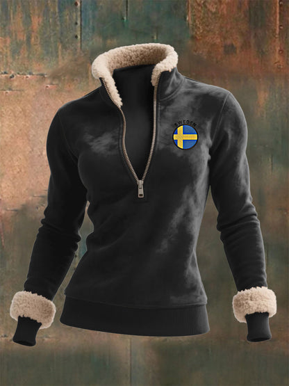 Kvinnor svensk flagga tryck långärmade lamm hår topp