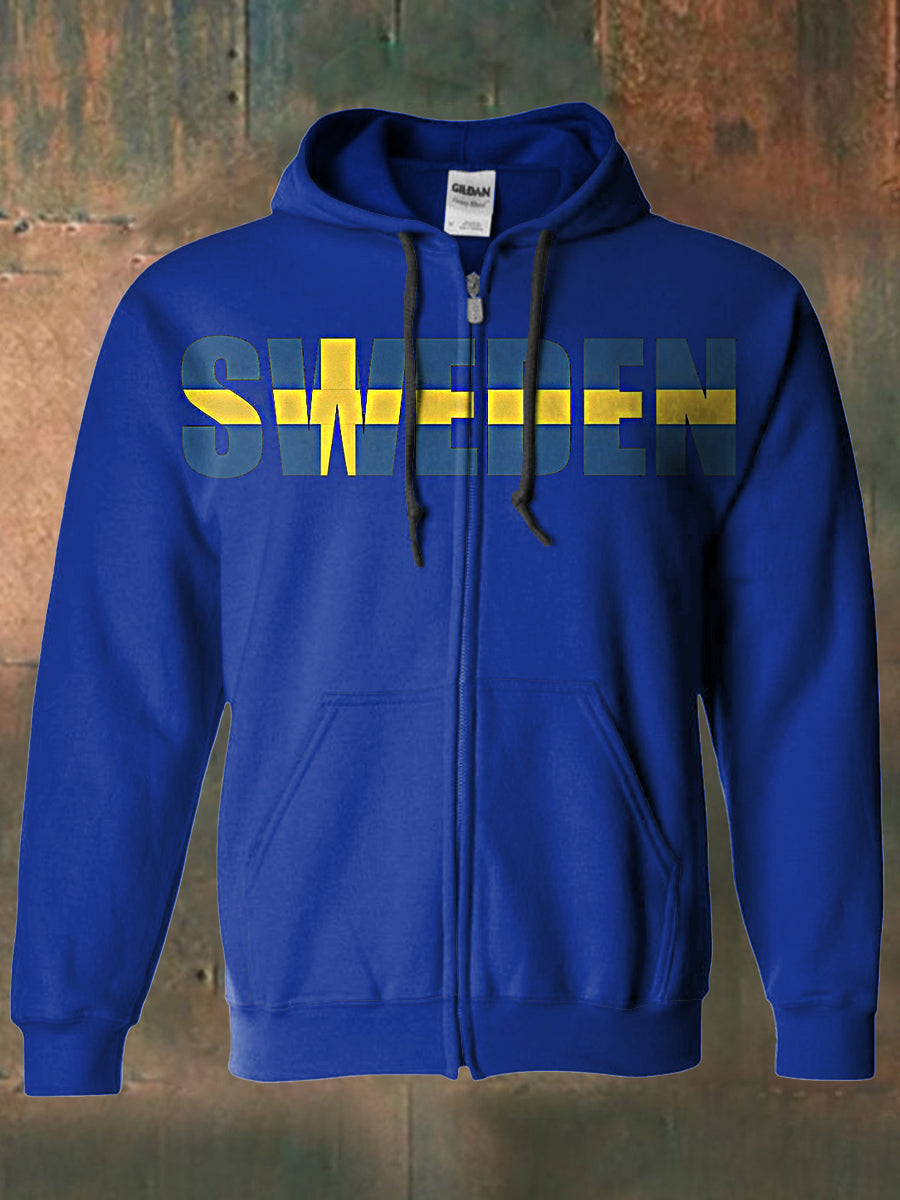 Mäns svenska flagga tryckckt Hooded långärmad blixtlås sweatshirt