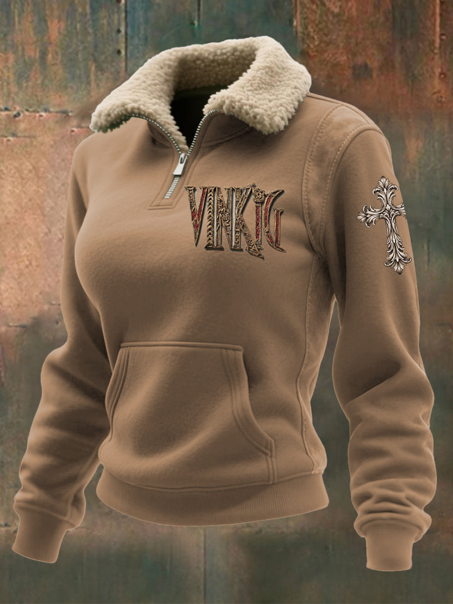 Women's Viking Cross Pattern Long-Sleeve Flip Lambswool Sweater