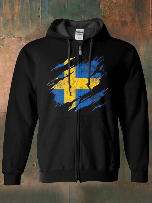 Mäns svenska flagga tryckckt Hooded långärmad blixtlås sweatshirt