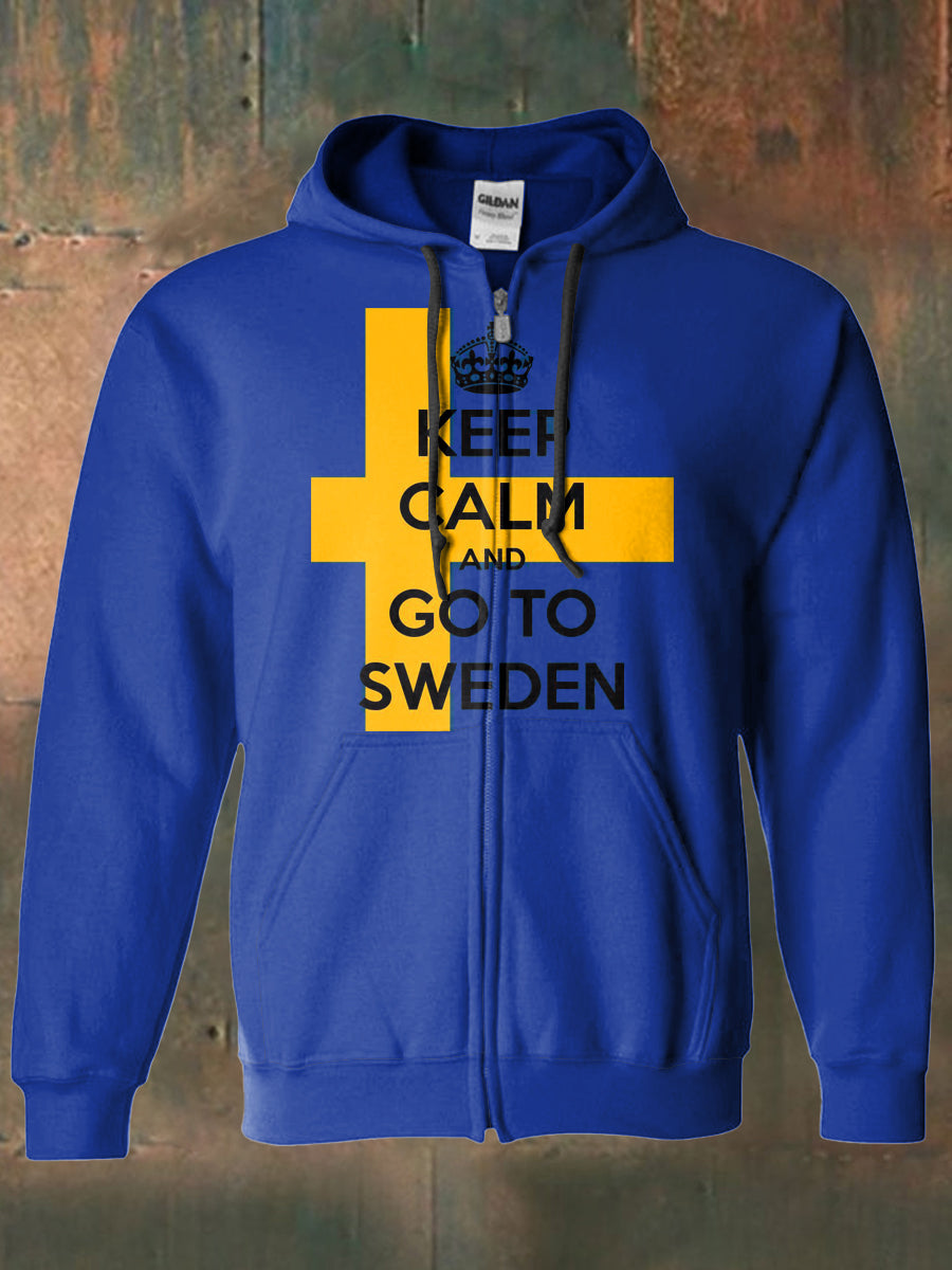 Mäns svenska flagga tryckckt Hooded långärmad blixtlås sweatshirt