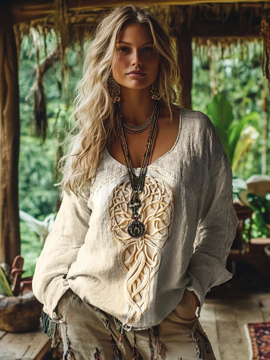 Kvinders Vintage U-hals Viking Livets Træ Kunsttryk Bomulds- og Linned T-shirt