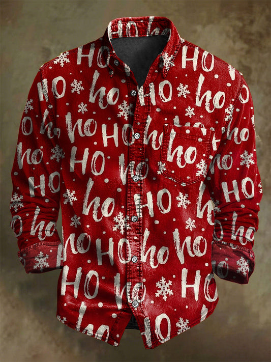 Abstrakt julebrev og snefnug print casual langærmet skjorte