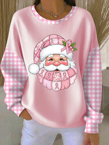 Kvinders brystkræftbevidstgørelse Santa Claus print ribbet rundhals sweatshirt