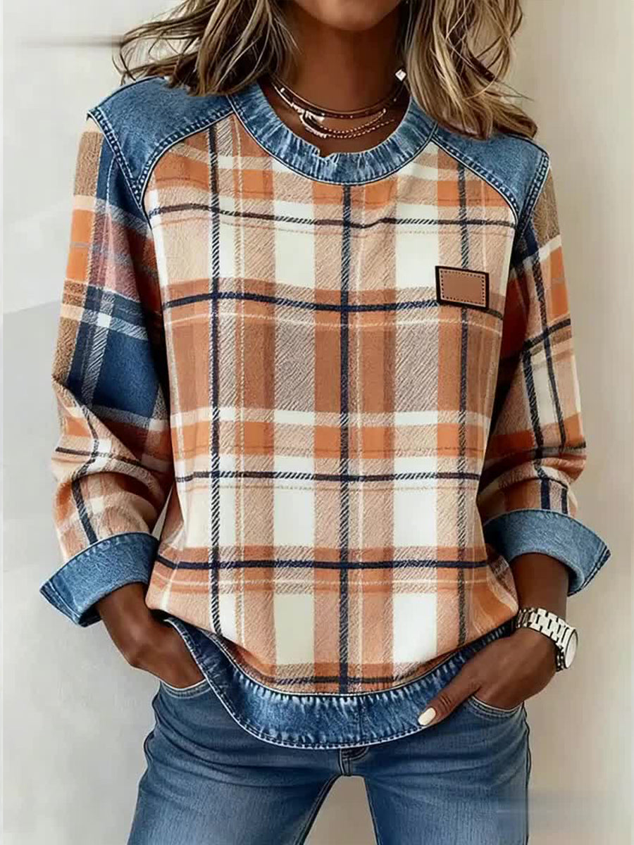 Kvinders vintage plaid print patchwork kunst sweatshirt