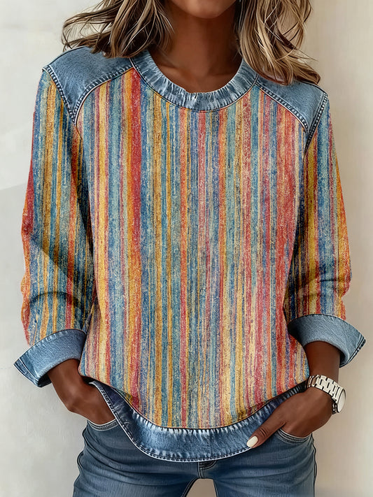 Kvinders flerfarvet stribet mønster patchwork sweatshirt