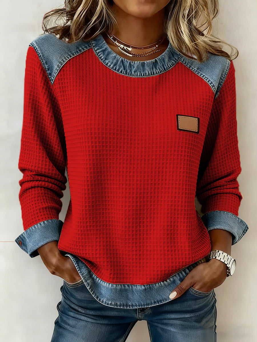 Kvinders patchwork design vaffel sweatshirt