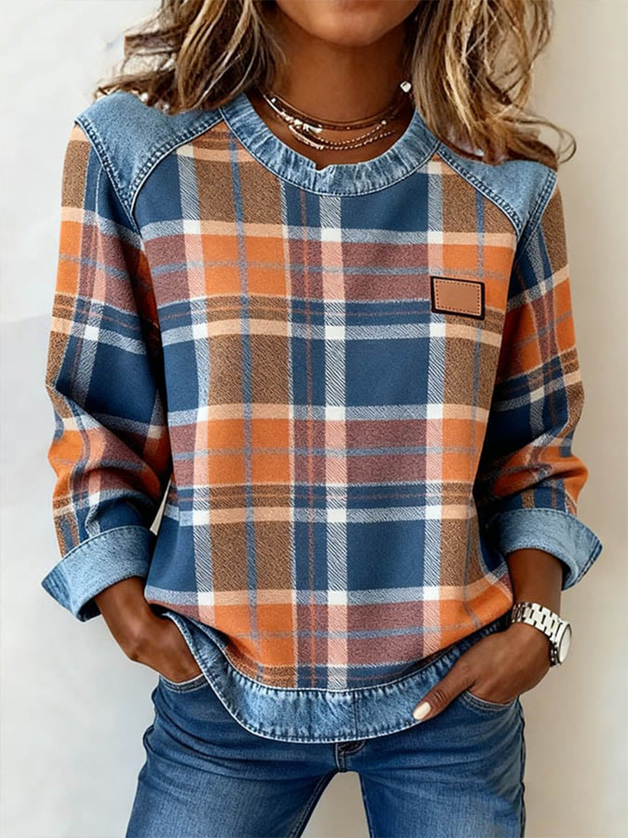 Kvinders vintage plaid print patchwork kunst sweatshirt