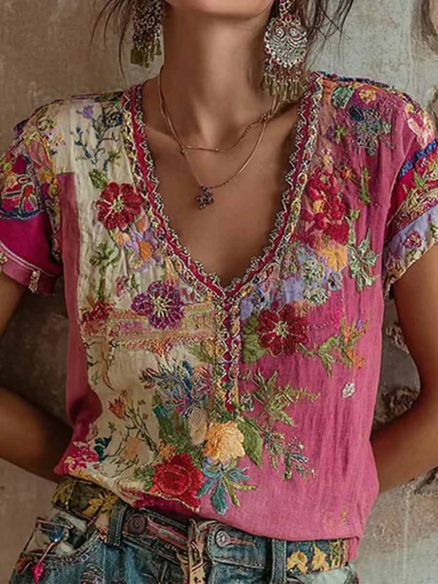 Kvinders pink blomsterprint casual T-shirt