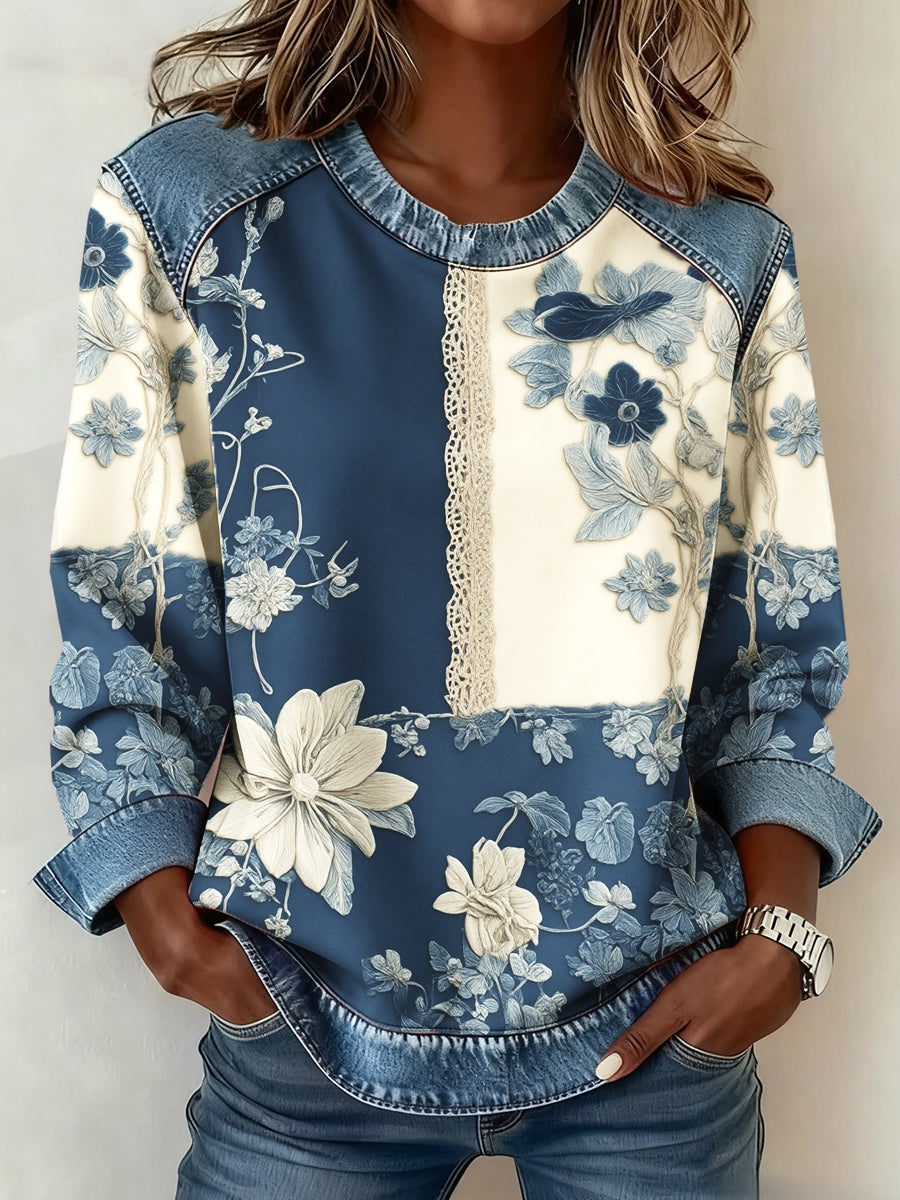 Kvinders 3D blomsterprint denim sweatshirt