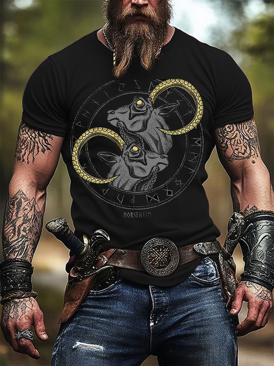 Mænds Norse Ged & Rune Print T - Skjorte