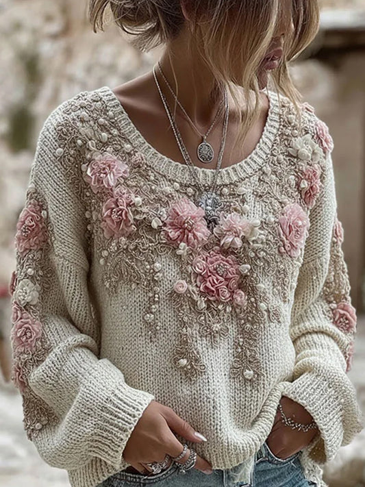 Kvinders retro blomstret patchwork strikket sweater – blød og komfortabel