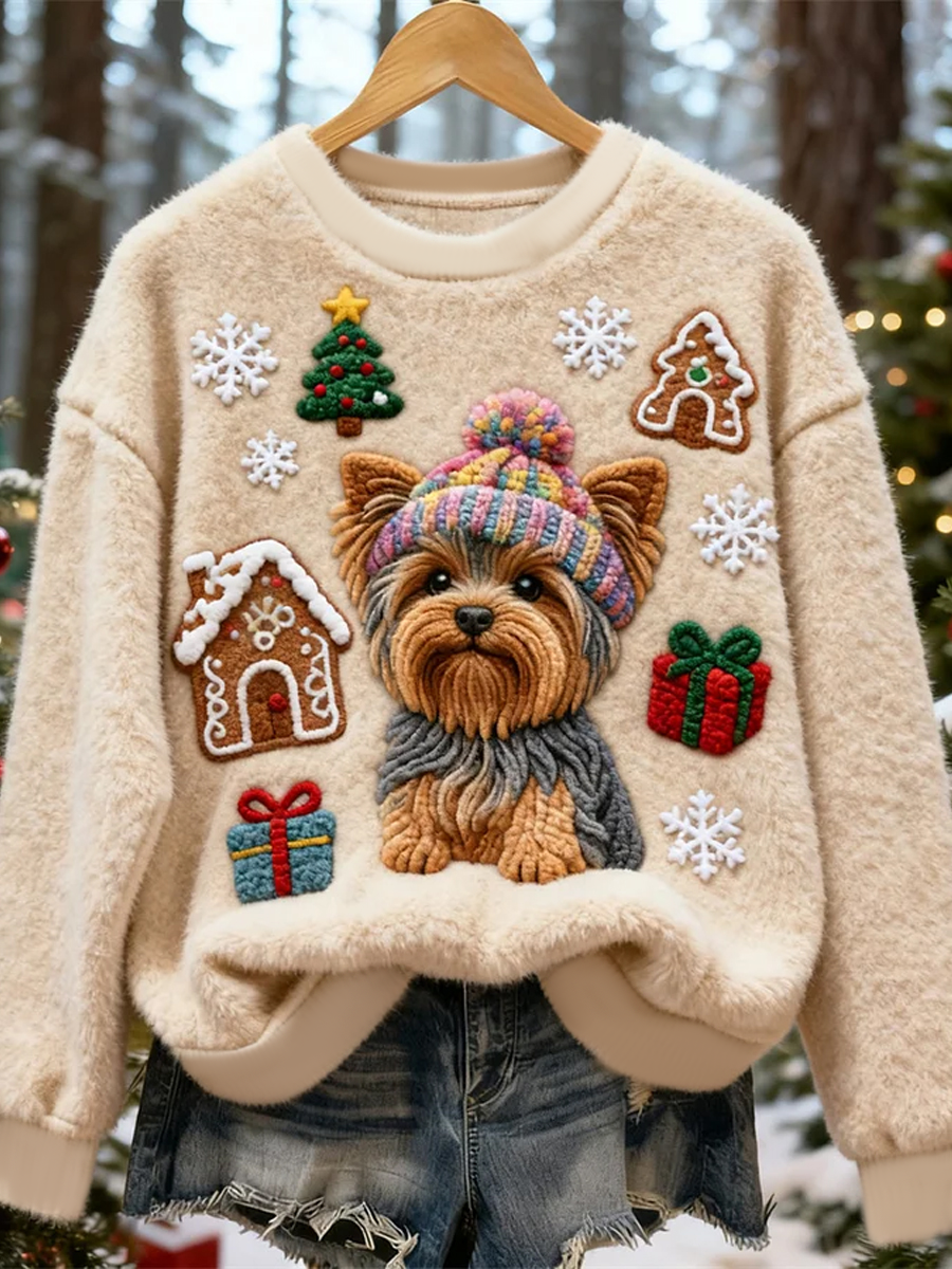 Kvinders søde julehunde flannelsweater med kunsttryk