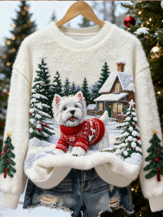 Kvinders søde julehunde flannelsweater med kunsttryk