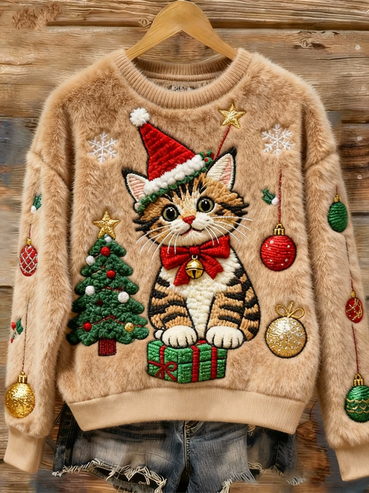 Kvinders flannel-hoodie med juletræ- og katteprint