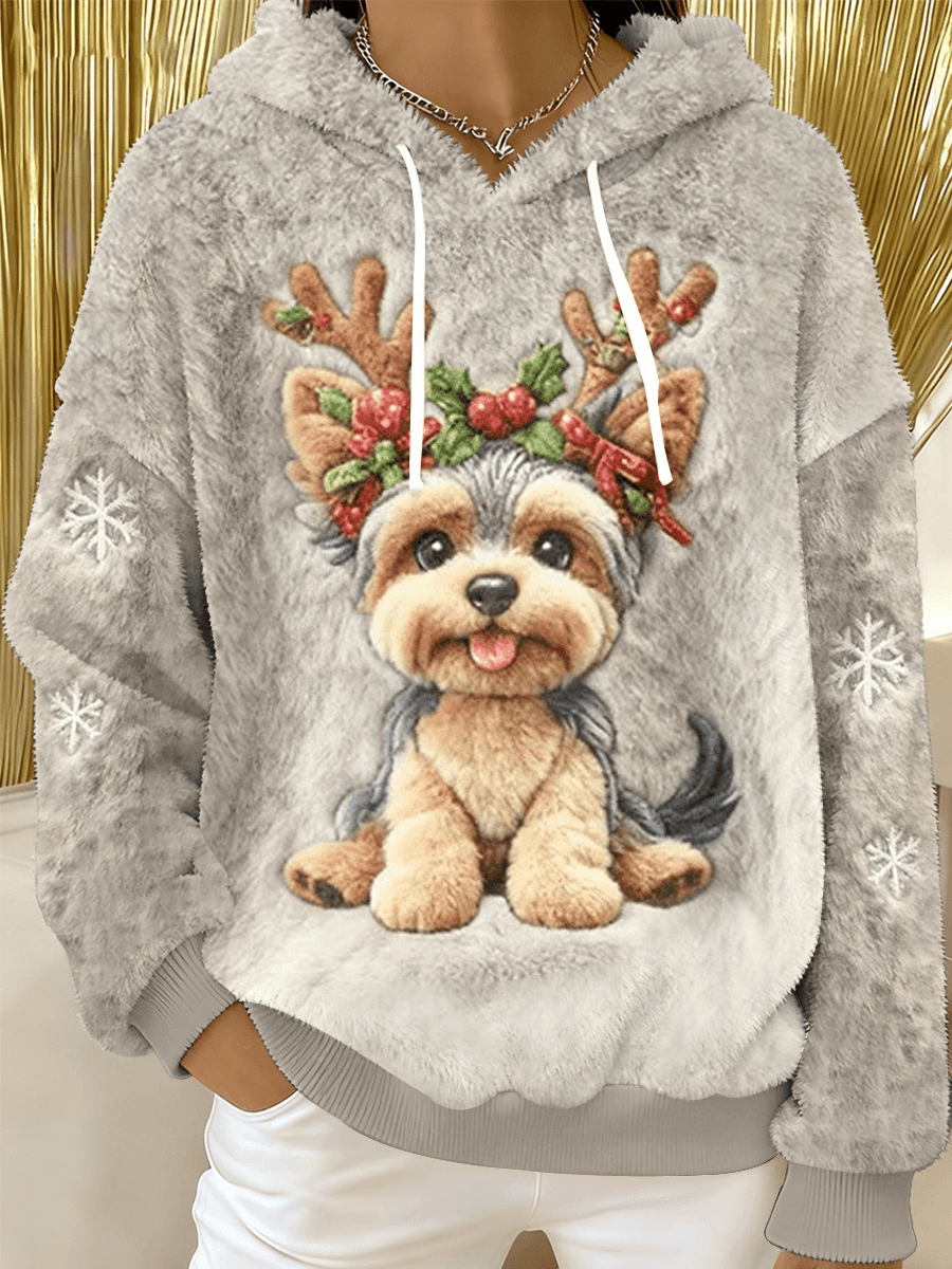 Kvinders søde jul hund Art Print Casual Flannel Hoodiee