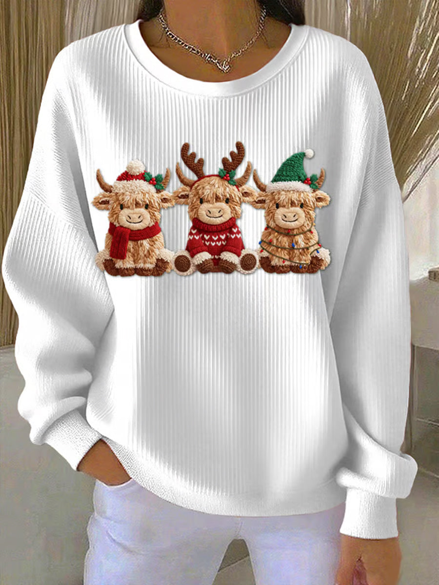 Kvinder Casual Retro Western søde jul Highland Cow Ribbed rund hals sweatshirt