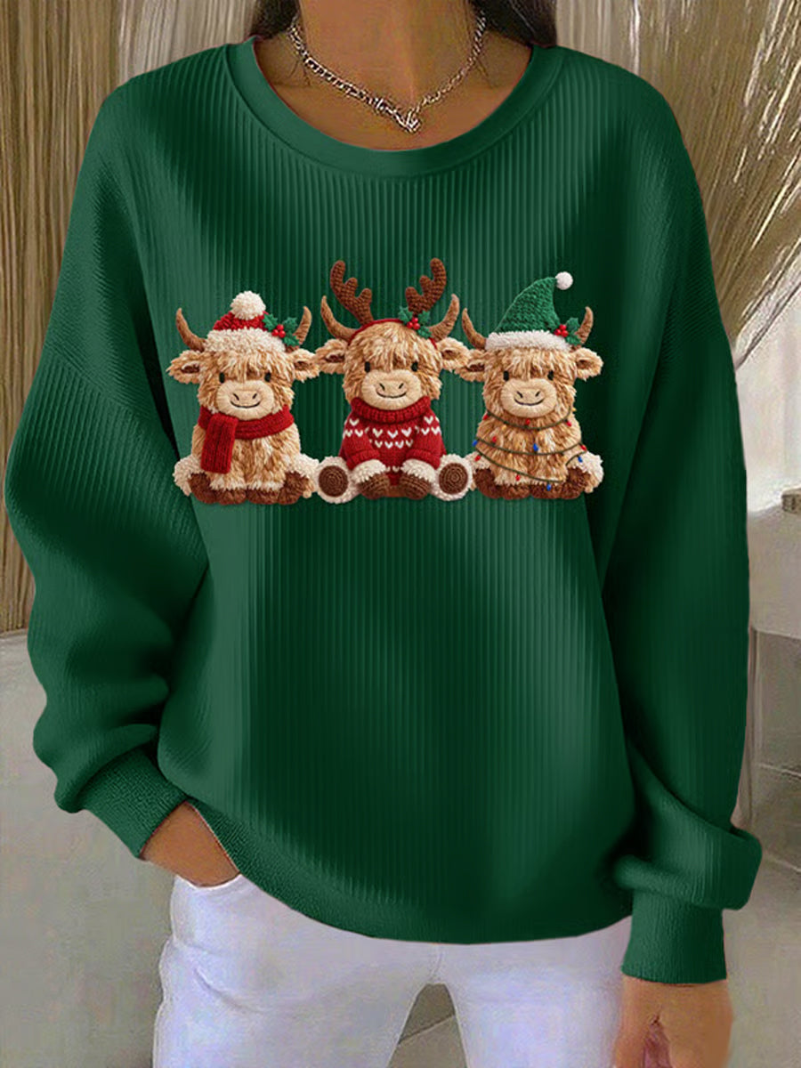 Kvinder Casual Retro Western søde jul Highland Cow Ribbed rund hals sweatshirt