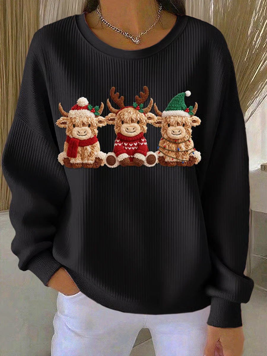 Kvinder Casual Retro Western søde jul Highland Cow Ribbed rund hals sweatshirt