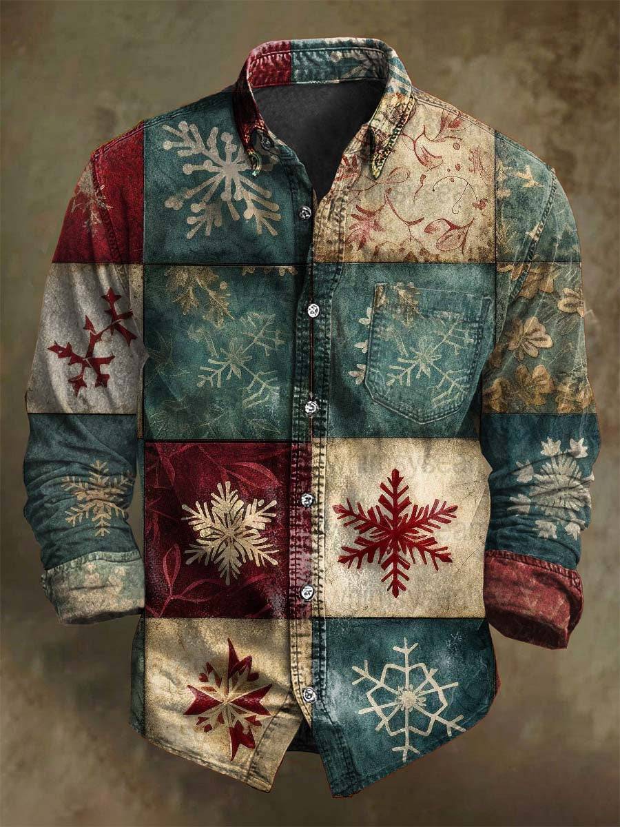 Retro juletræ snefnug plaid Print Casual Lang-ærmet skjorte