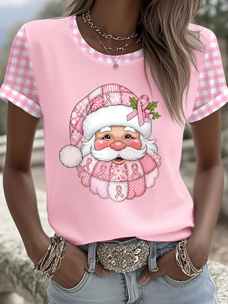 Kvinders brystkræft opmærksomhed Santa Claus Print Short Sleeve T-shirt