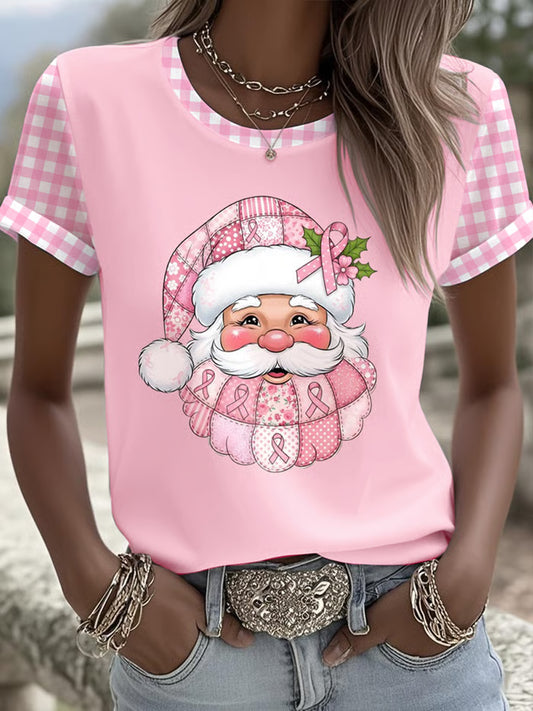 Kvinders brystkræft opmærksomhed Santa Claus Print Short Sleeve T-shirt