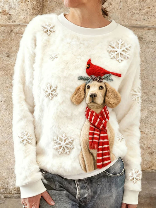 Kvinders søde jul Golden Retriever & Fugl kunst Print Casual Flannel Sweatshirt