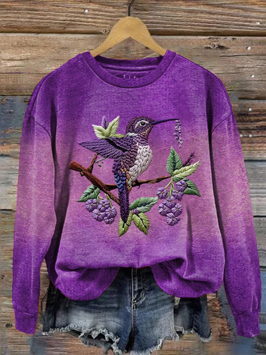 Kvinders lilla gradient Hummingbird blomster Print Regular sweatshirt