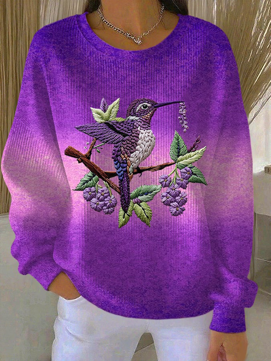 Kvinders lilla gradient Hummingbird blomster Print Casual sweatshirt