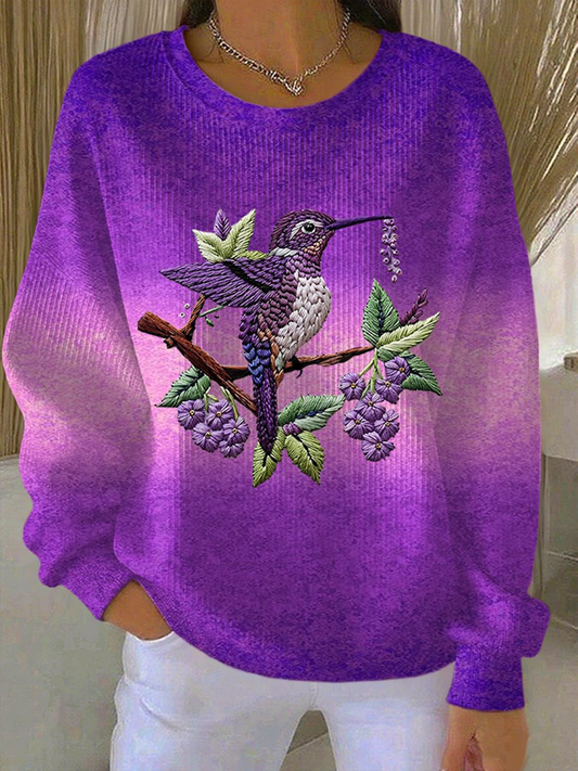 Kvinders lilla gradient Hummingbird blomster Print Casual sweatshirt
