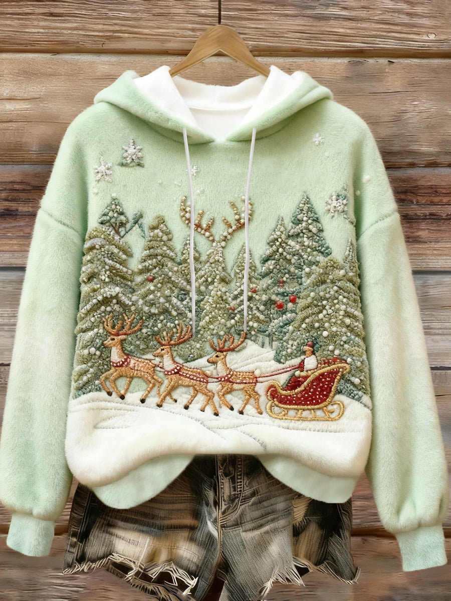 Kvinders jul Santa Claus rensdyr Print Casual Flannel Hoodie Print