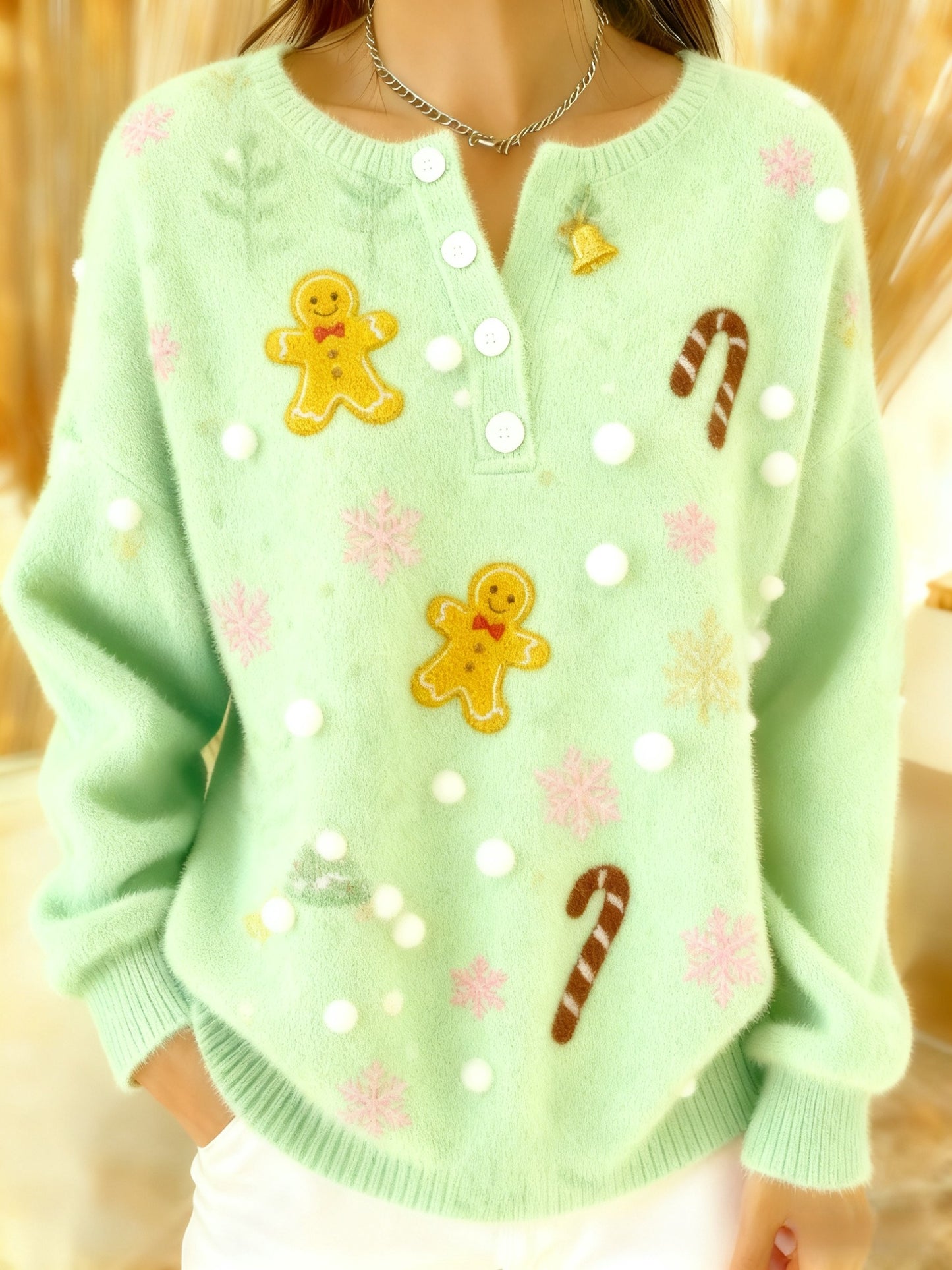 Kvindernes Vintage Christmas Gingerbrød mand Print Langærme Sweater.