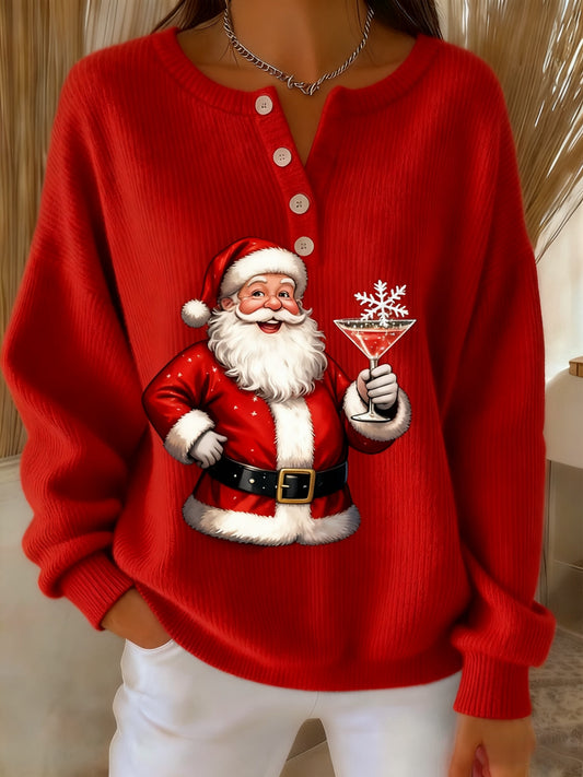 Kvinders Retro Jule Santa Claus cocktail Print Langærme Sweater Tryk