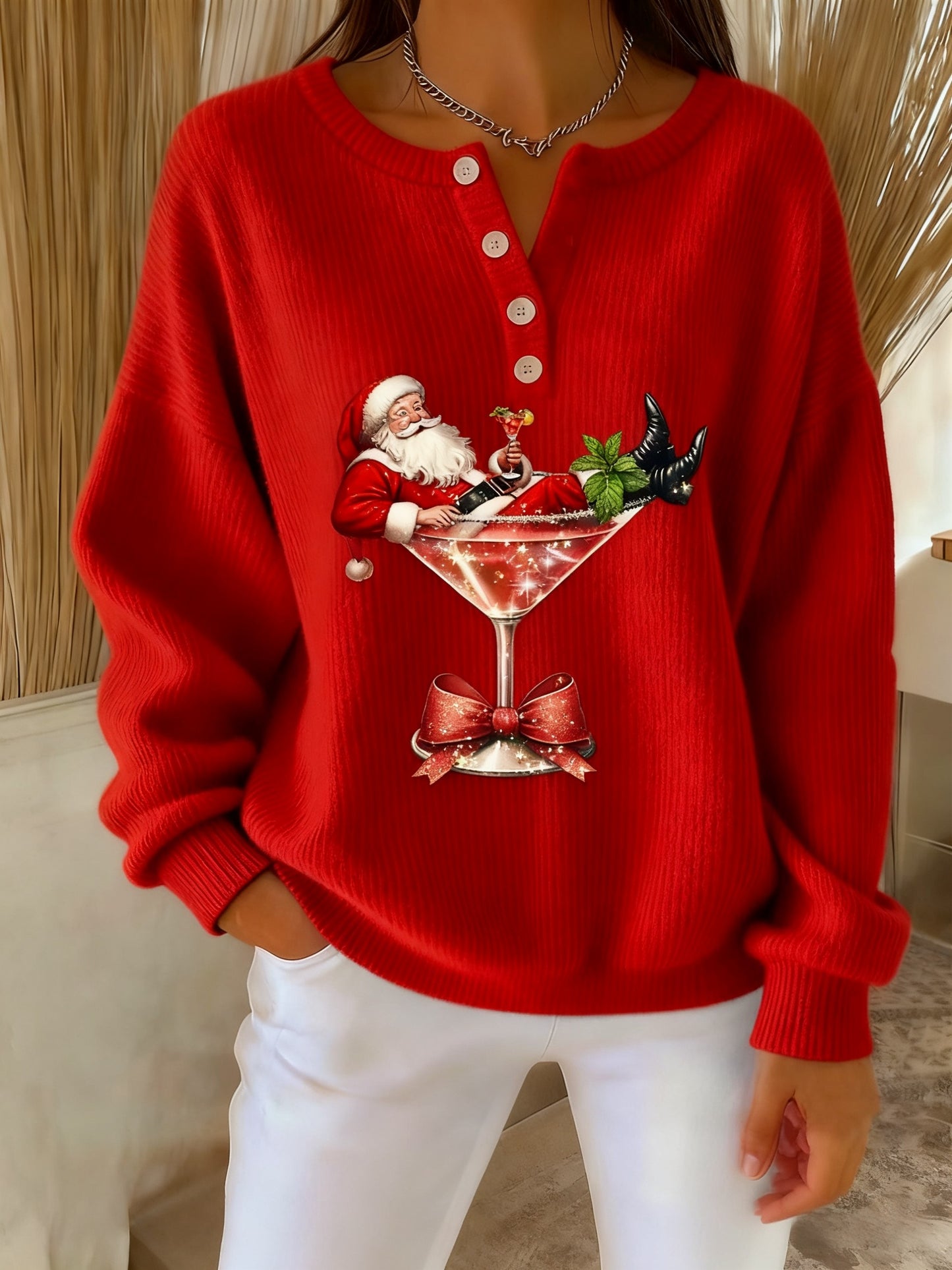 Kvinders Retro Jule Santa Claus cocktail Print Langærme Sweater Tryk