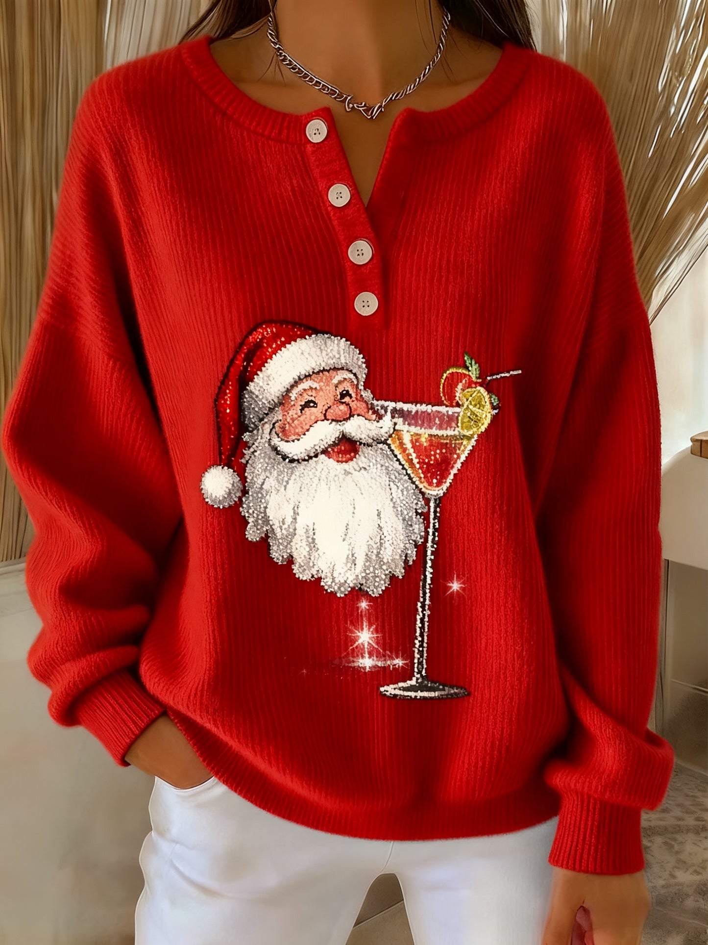 Kvinders Retro Jule Santa Claus cocktail Print Langærme Sweater Tryk