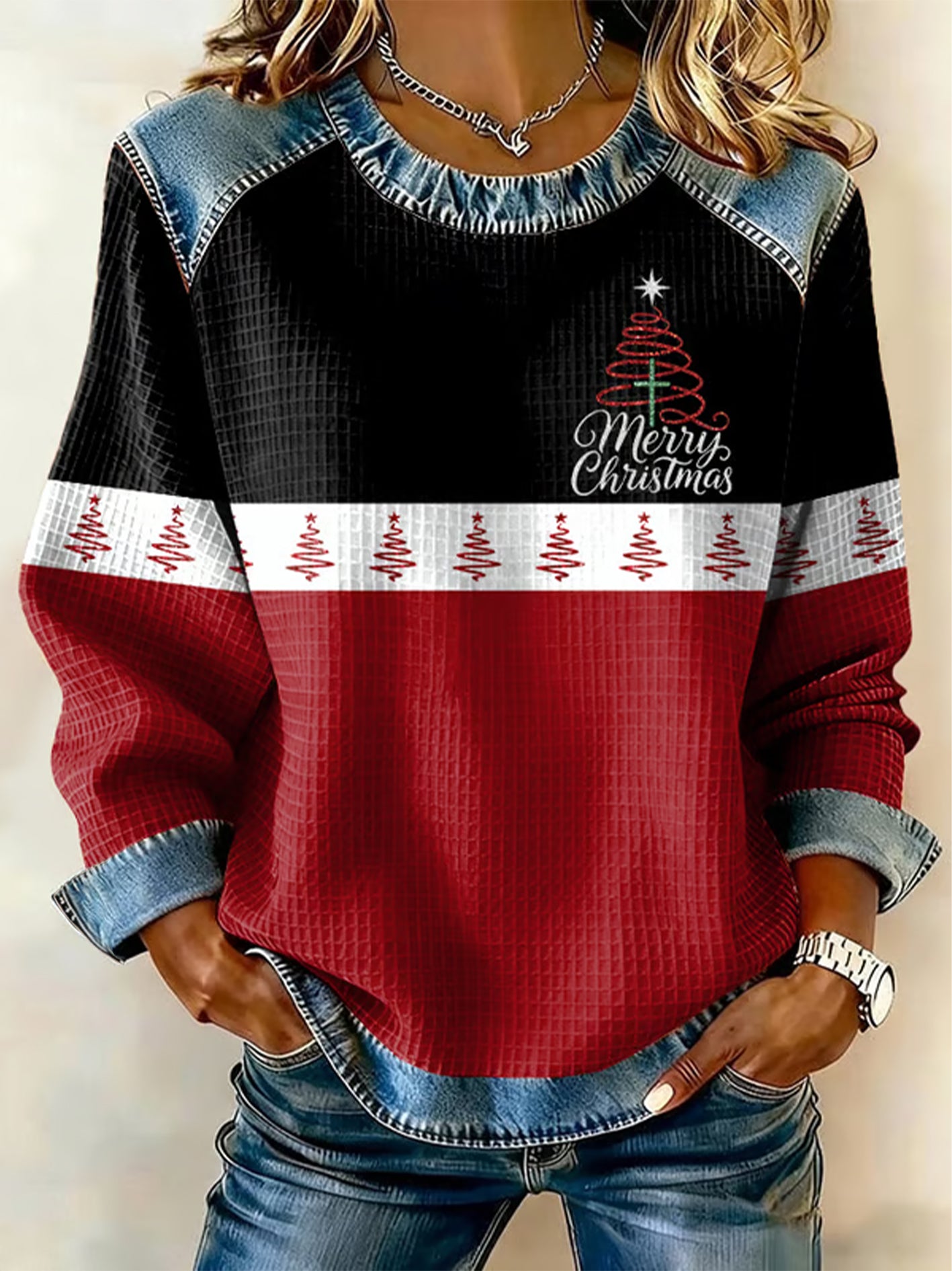 Kvindernes jul tro Print Vaffel Sweatshirt