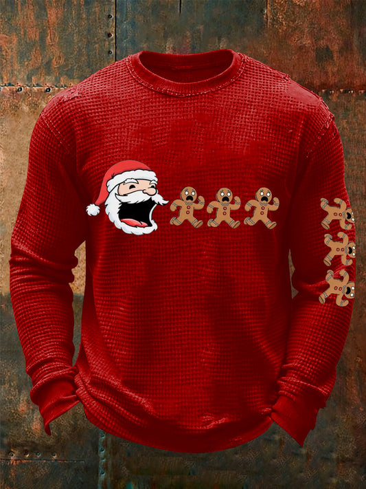 Mænds sjove Santas Cookie jul kunst print vaffel lang ærme T-shirt