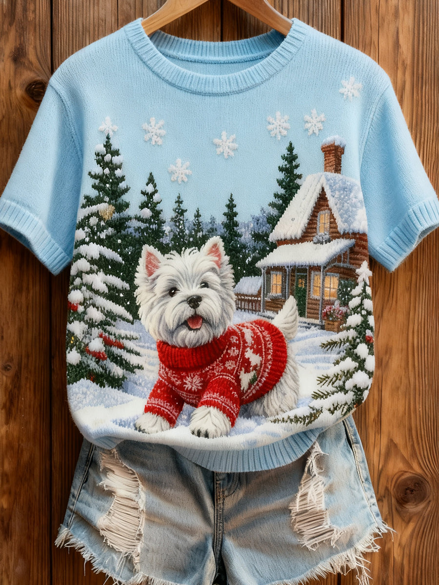 Kvinders Retro Jul Animal Art Print Komfortabel Strik Short-Sleeve Toppe