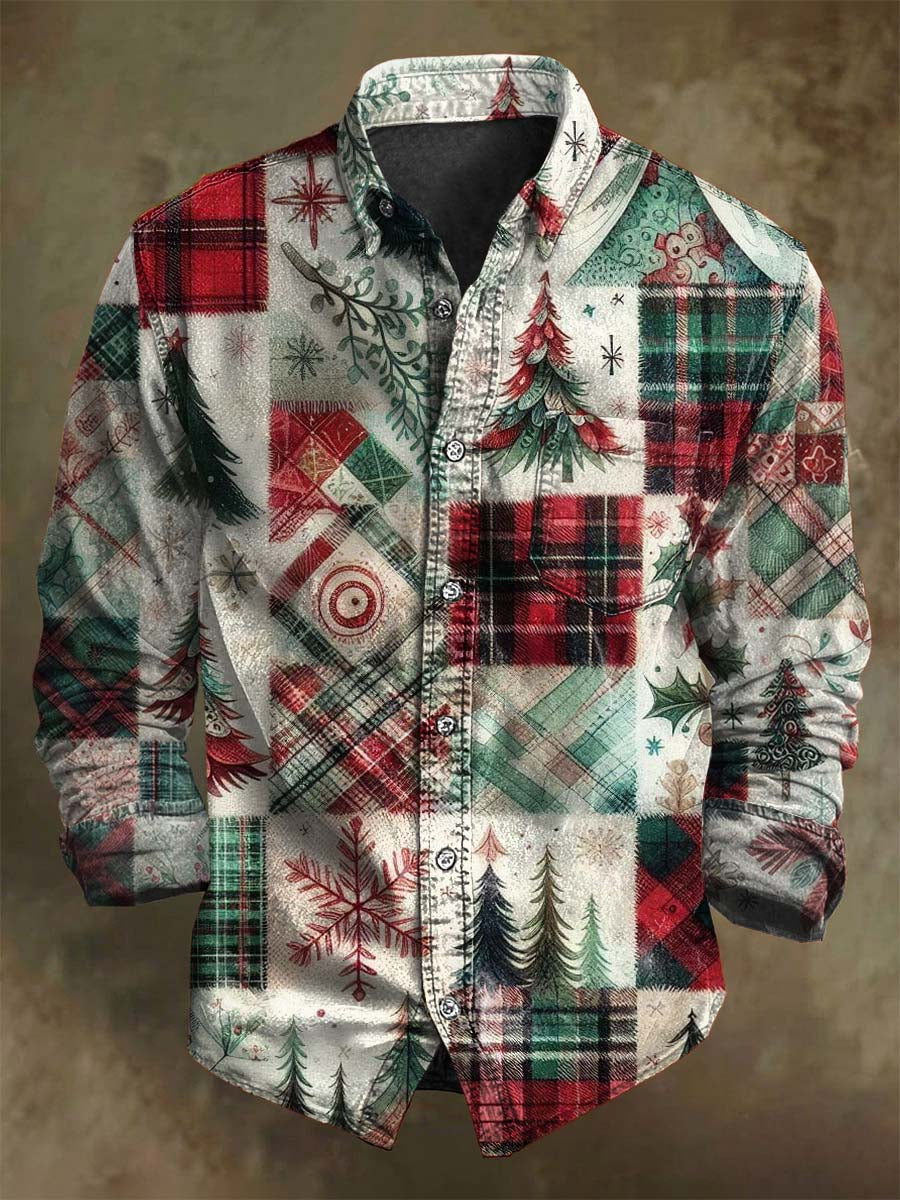 Vintage-inspireret Christmas Patchwork Print Casual Lang-Sleeve skjorte