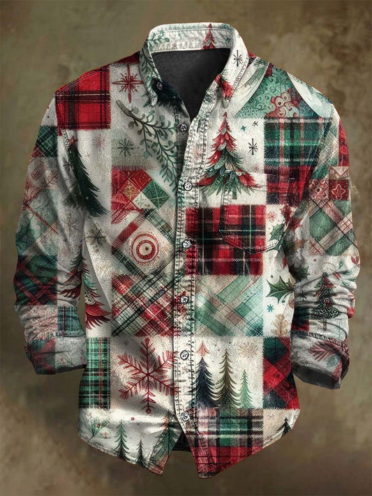 Vintage-inspireret Christmas Patchwork Print Casual Lang-Sleeve skjorte