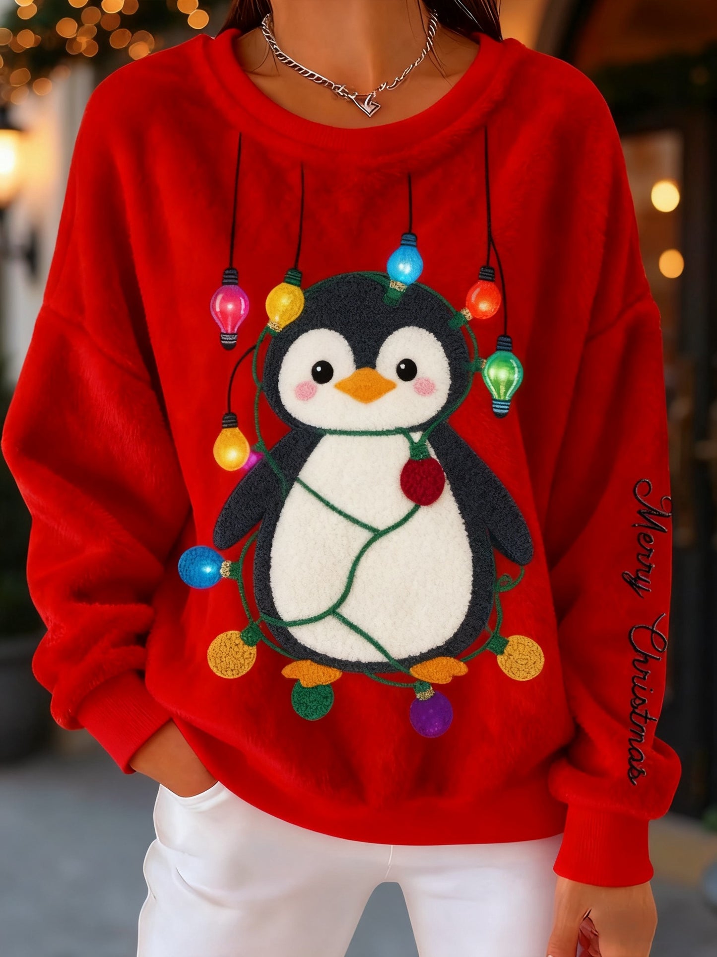 Retro jul Penguin kunst trykt Casual Loose Lang ærme Flannel Sweatshirt