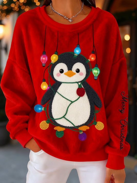 Retro jul Penguin kunst trykt Casual Loose Lang ærme Flannel Sweatshirt